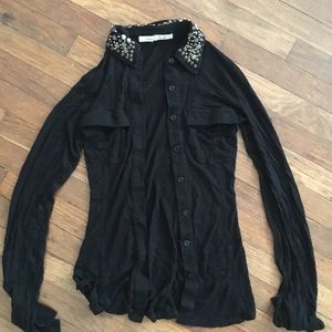 Black cotton button down with bejeweled collar